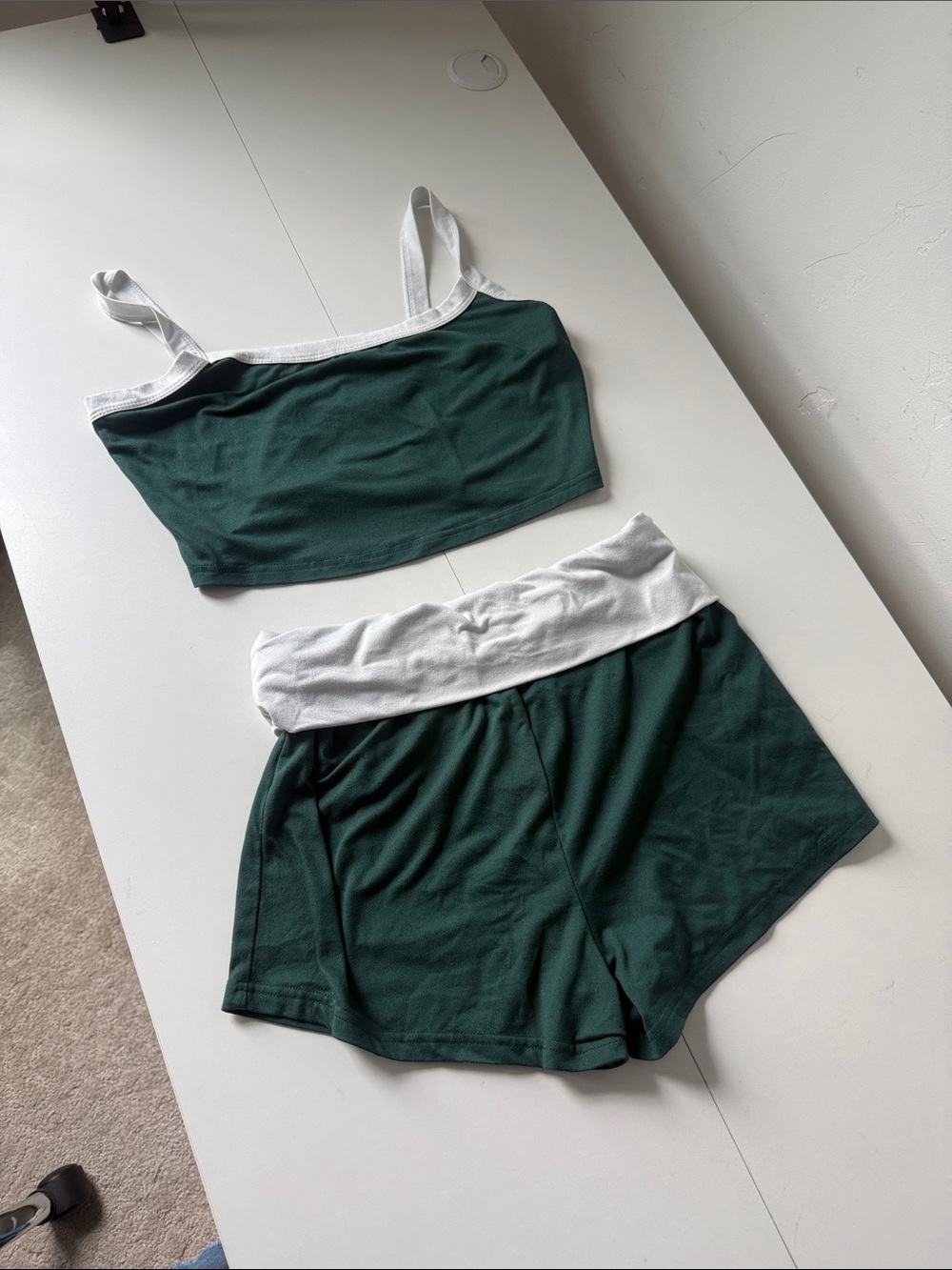 SHEIN Green and White Two-Piece Lounge Crop Top & Shorts Set